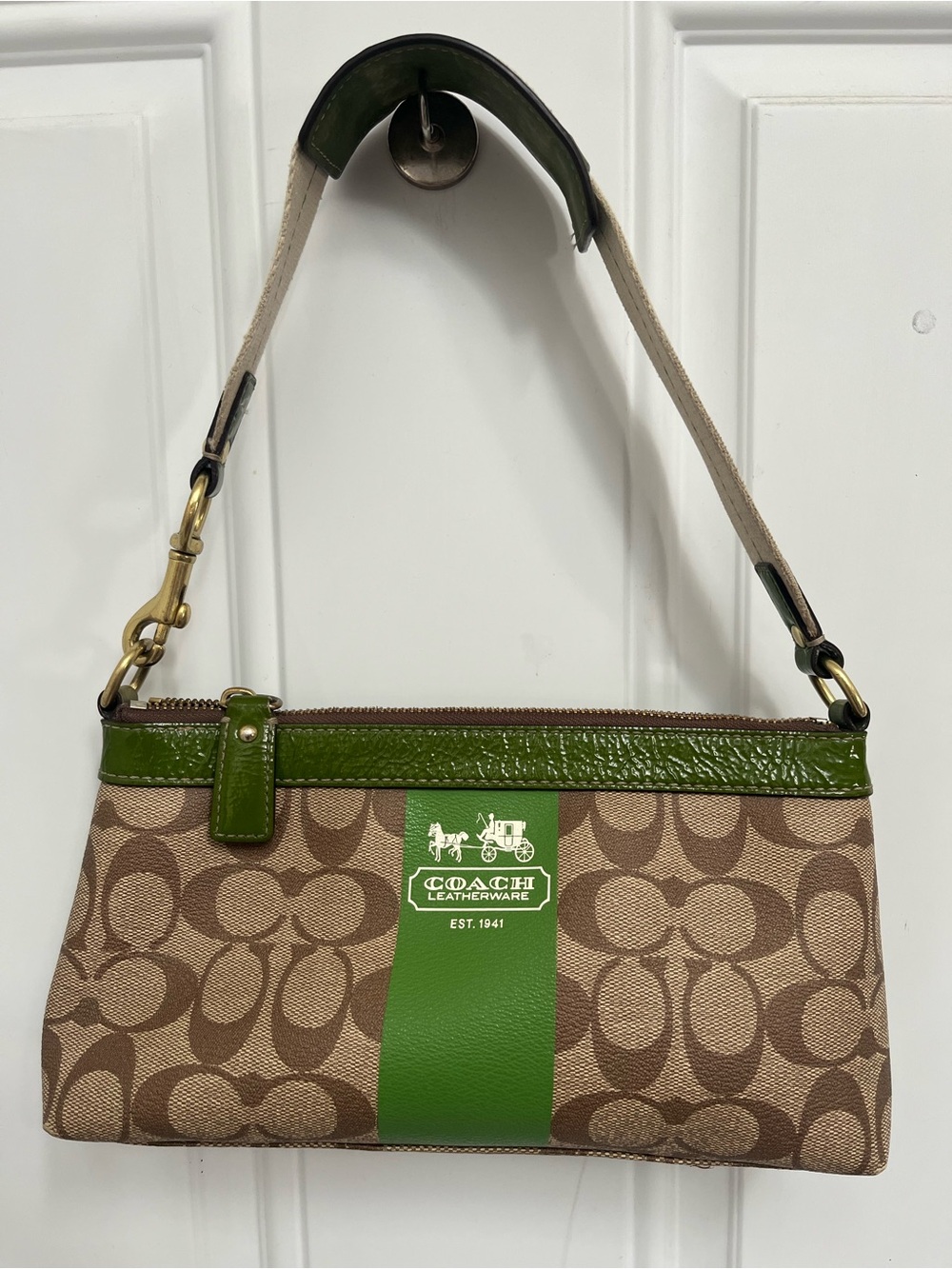 Coach Womens Heritage Handbag Green Stripe Y2K Leather Signature Logo Demi Purse